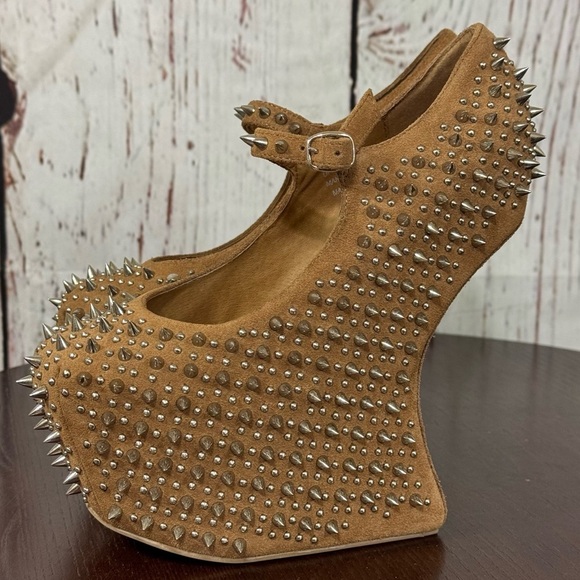 JEFFREY CAMPBELL NIGHT WALK PRICKLY Studded Tan Suede heelless Platforms 6 New - Picture 11 of 17